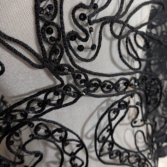 Melanie Lyne Black Sheer Embroidered Beaded Blouse Satin Collar & Cuffs Medium - Picture 7 of 13
